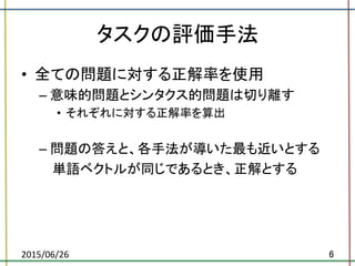 タスクの評価手法	
•  全ての問題に対する正解率を使用	
  
– 意味的問題とシンタクス的問題は切り離す	
  
•  それぞれに対する正解率を算出	
  
– 問題の答えと、各手法が導いた最も近いとする	
  
　 単語ベクトルが同じであるとき、正解とする	
2015/06/26	
 6	
 