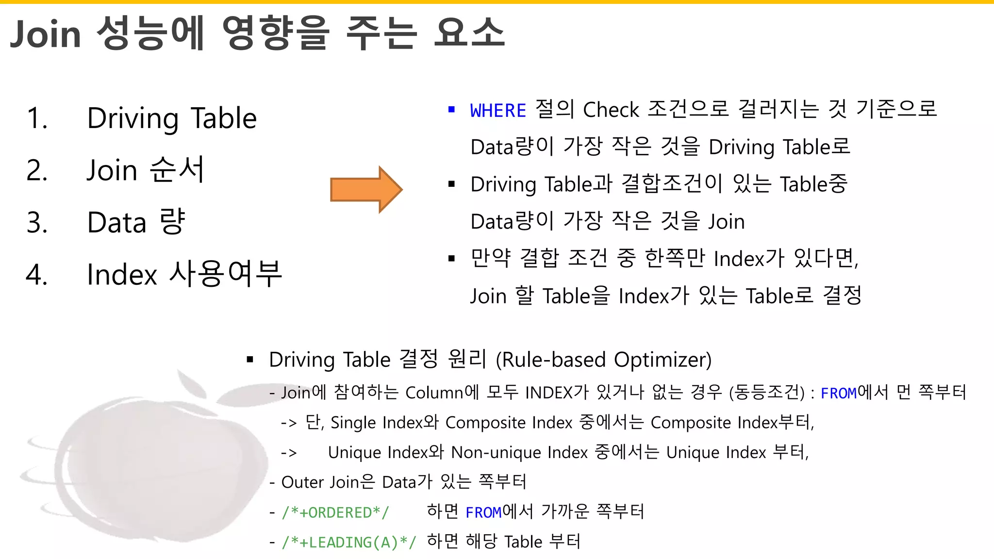 Join 성능에 영향을 주는 요소
1. Driving Table
2. Join 순서
3. Data 량
4. Index 사용여부
 WHERE 절의 Check 조건으로 걸러지는 것 기준으로
Data량이 가장 작은 것을 Driving Table로
 Driving Table과 결합조건이 있는 Table중
Data량이 가장 작은 것을 Join
 만약 결합 조건 중 한쪽만 Index가 있다면,
Join 할 Table을 Index가 있는 Table로 결정
 Driving Table 결정 원리 (Rule-based Optimizer)
- Join에 참여하는 Column에 모두 INDEX가 있거나 없는 경우 (동등조건) : FROM에서 먼 쪽부터
-> 단, Single Index와 Composite Index 중에서는 Composite Index부터,
-> Unique Index와 Non-unique Index 중에서는 Unique Index 부터,
- Outer Join은 Data가 있는 쪽부터
- /*+ORDERED*/ 하면 FROM에서 가까운 쪽부터
- /*+LEADING(A)*/ 하면 해당 Table 부터
 
