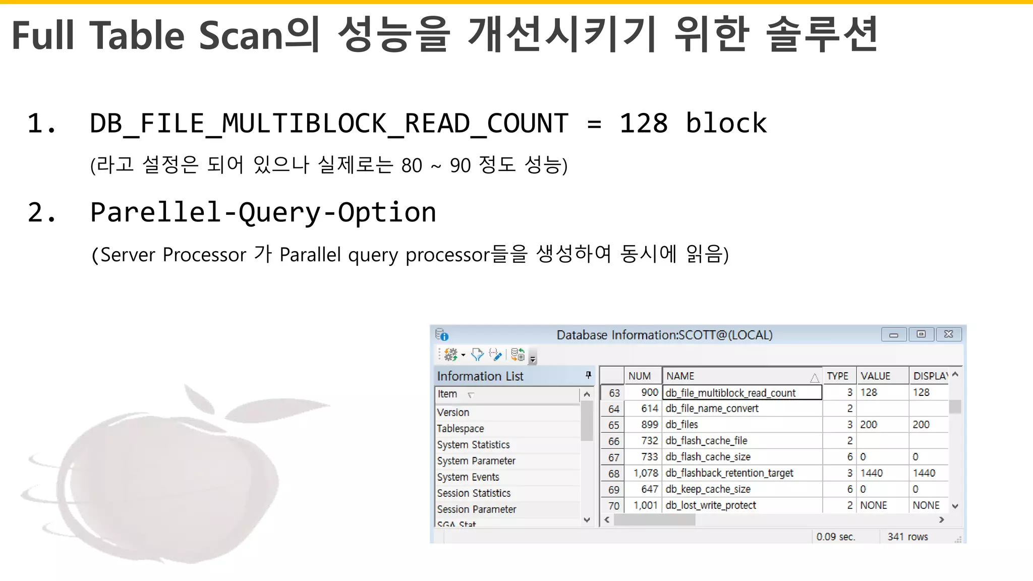 Full Table Scan의 성능을 개선시키기 위한 솔루션
1. DB_FILE_MULTIBLOCK_READ_COUNT = 128 block
(라고 설정은 되어 있으나 실제로는 80 ~ 90 정도 성능)
2. Parellel-Query-Option
(Server Processor 가 Parallel query processor들을 생성하여 동시에 읽음)
 