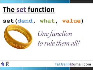 Tal.Galili@gmail.com
The set function
set(dend, what, value)
One function
to rule them all!
 