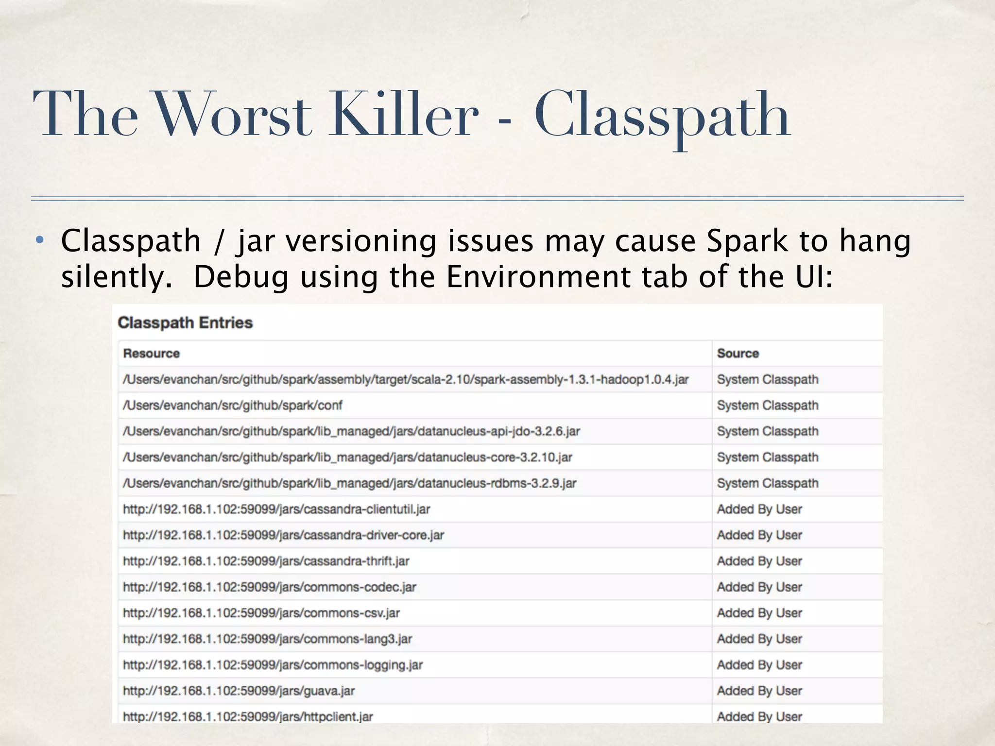 Automatic Driver Restarts
• Standalone: —deploy-mode cluster —supervise
• YARN: —deploy-mode cluster
• Mesos: use Marathon to restart dead slaves
• Periodic checkpointing: important for recovering data
• RDD checkpointing helps reduce long RDD lineages
27
 