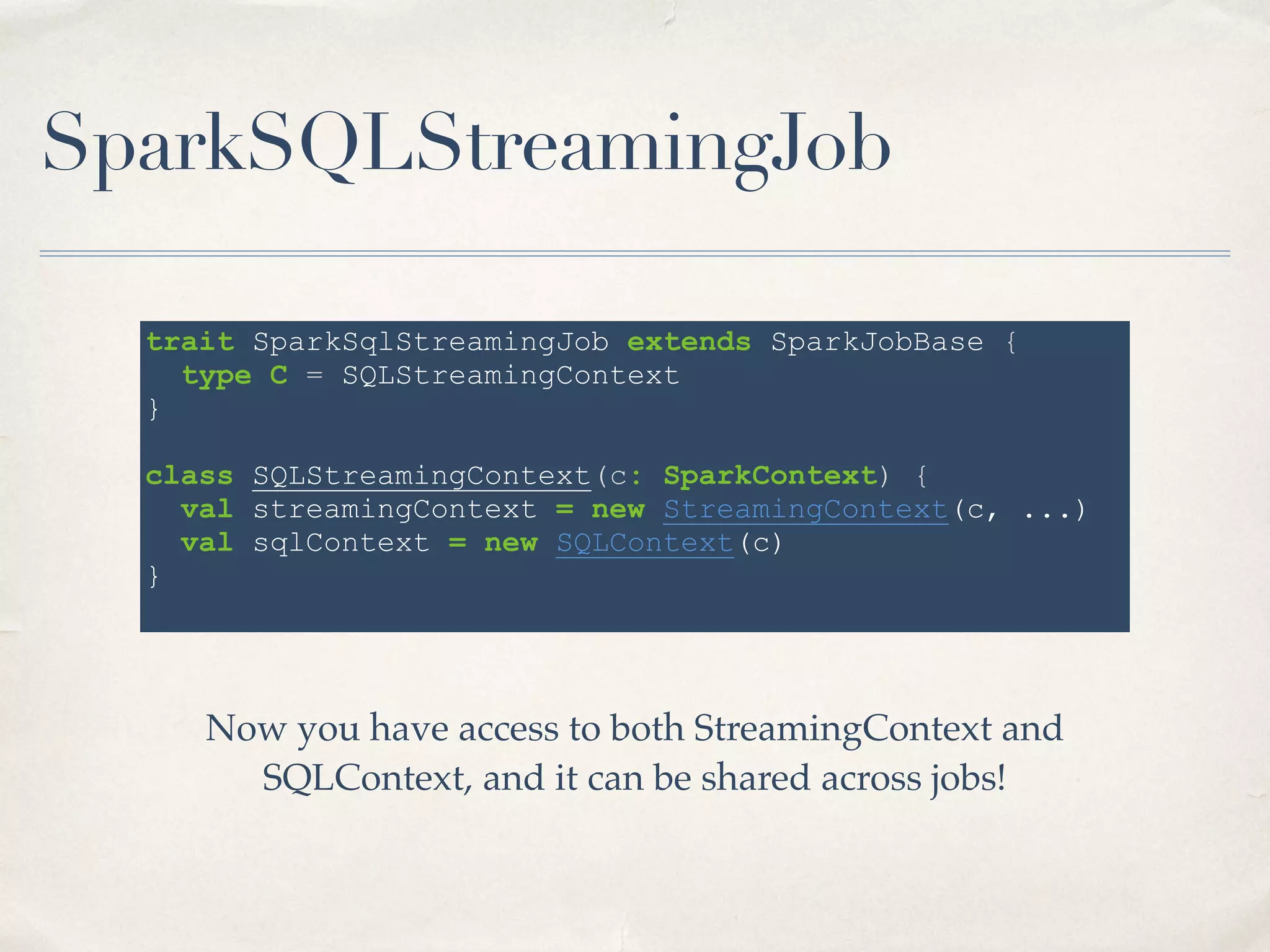What’s Different?
• Job does not create Context, Job Server does
• Decide when I run the job: in own context, or in pre-created context
• Allows for very modular Spark development
• Break up a giant Spark app into multiple logical jobs
• Example:
• One job to load DataFrames tables
• One job to query them
• One job to run diagnostics and report debugging information
46
 