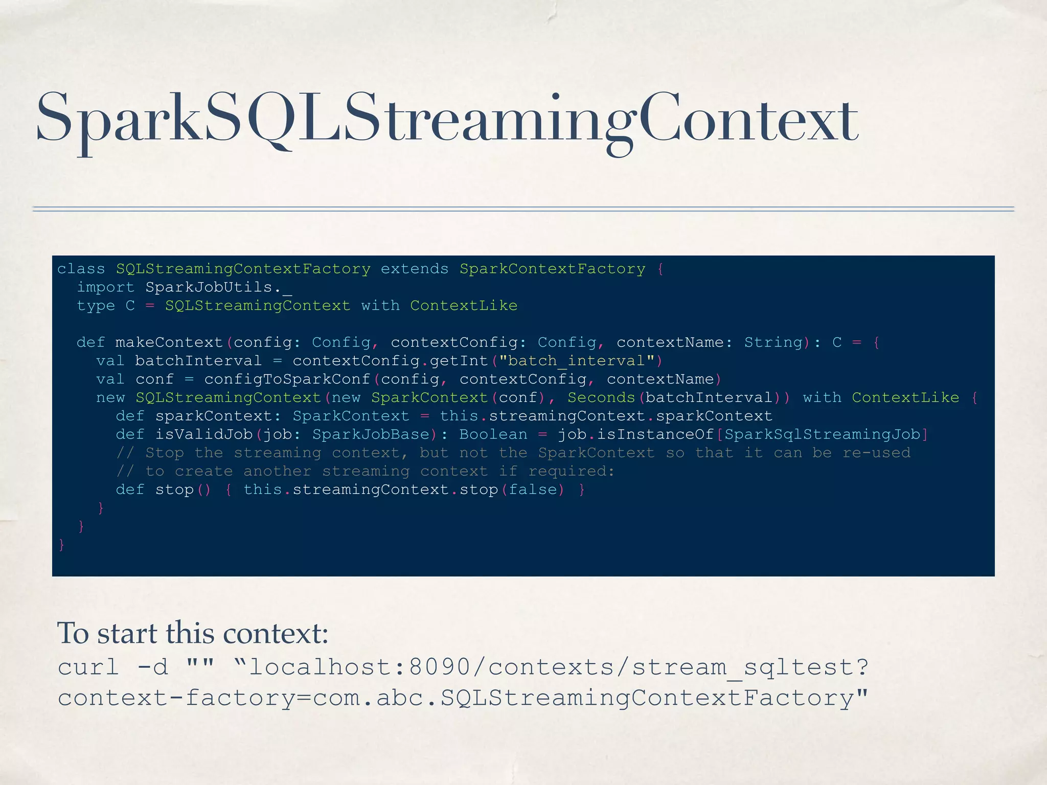 Submitting and Running a Job
47
✦ curl --data-binary @../target/mydemo.jar localhost:8090/
jars/demo
OK[11:32 PM] ~
✦ curl -d "input.string = A lazy dog jumped mean dog"
'localhost:8090/jobs?
appName=demo&classPath=WordCountExample&sync=true'
{
"status": "OK",
"RESULT": {
"lazy": 1,
"jumped": 1,
"A": 1,
"mean": 1,
"dog": 2
}
}
 