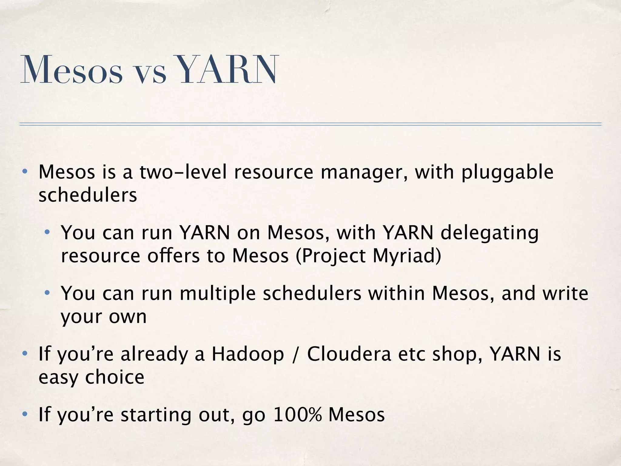 Spark Standalone Mode
• The easiest clustering mode to deploy**
–Use make-distribution.sh to package, copy to all nodes
–sbin/start-master.sh on master node, then start slaves
–Test with spark-shell
• HA Master through Zookeeper election
• Must dedicate whole cluster to Spark
• In latest survey, used by almost half of Spark users
9
 