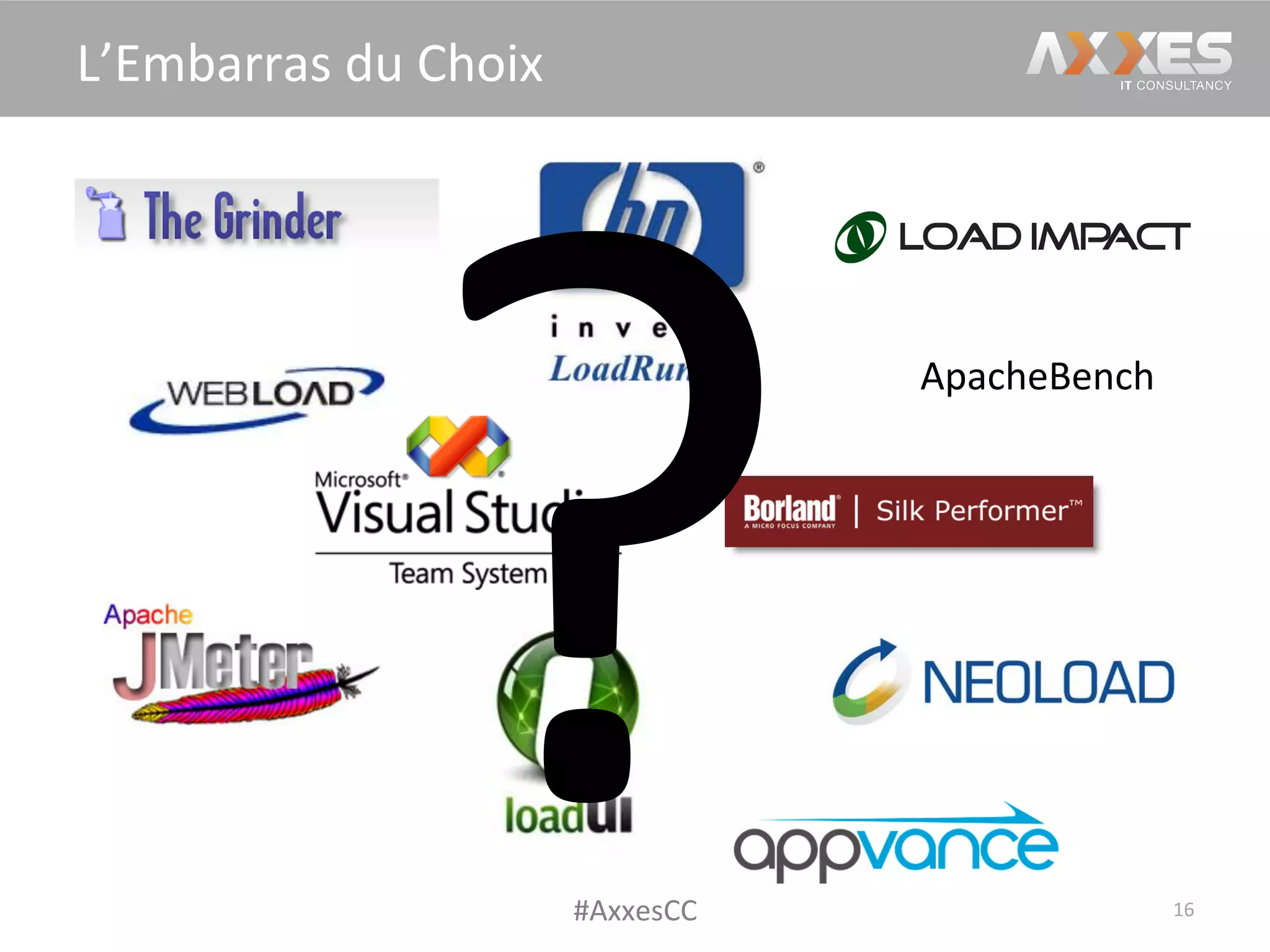 16	
  
L’Embarras	
  du	
  Choix	
  
ApacheBench	
  
?#AxxesCC	
  
 