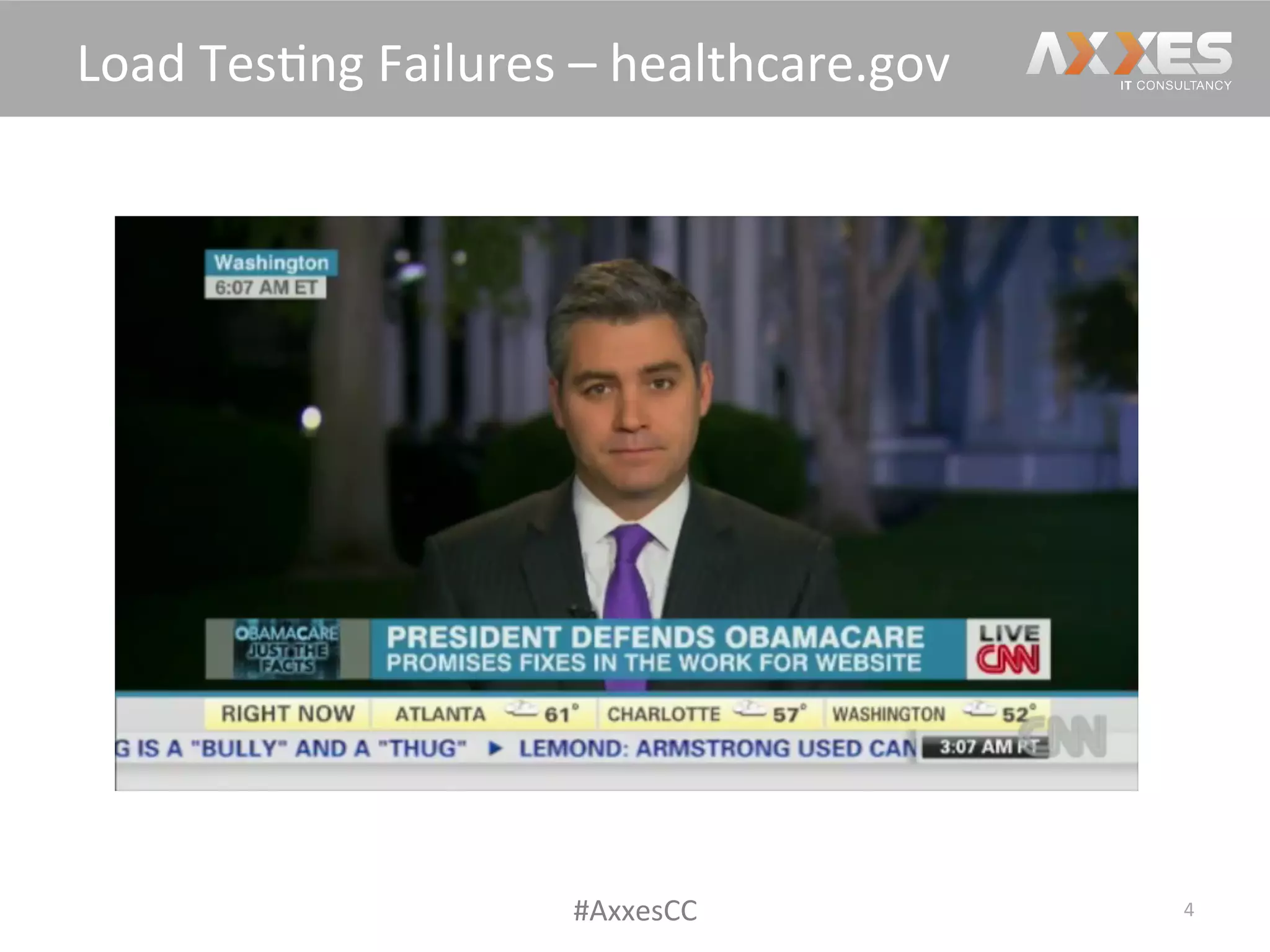 4	
  
Load	
  Tes/ng	
  Failures	
  –	
  healthcare.gov	
  
#AxxesCC	
  
 
