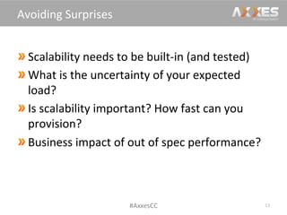 Scalability	
  needs	
  to	
  be	
  built-­‐in	
  (and	
  tested)	
  
What	
  is	
  the	
  uncertainty	
  of	
  your	
  expected	
  
load?	
  
 Is	
  scalability	
  important?	
  How	
  fast	
  can	
  you	
  
provision?	
  
 Business	
  impact	
  of	
  out	
  of	
  spec	
  performance?	
  
	
  
13	
  
Avoiding	
  Surprises	
  
#AxxesCC	
  
 