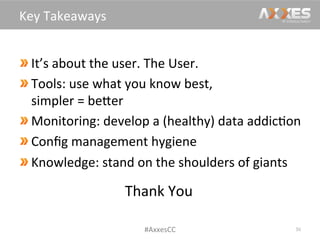  It’s	
  about	
  the	
  user.	
  The	
  User.	
  
 Tools:	
  use	
  what	
  you	
  know	
  best,	
  
simpler	
  =	
  beWer	
  
 Monitoring:	
  develop	
  a	
  (healthy)	
  data	
  addic/on	
  
Conﬁg	
  management	
  hygiene	
  
 Knowledge:	
  stand	
  on	
  the	
  shoulders	
  of	
  giants	
  
36	
  
Key	
  Takeaways	
  
#AxxesCC	
  
Thank	
  You	
  
	
  
 