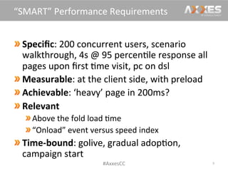 Speciﬁc:	
  200	
  concurrent	
  users,	
  scenario	
  
walkthrough,	
  4s	
  @	
  95	
  percen/le	
  response	
  all	
  
pages	
  upon	
  ﬁrst	
  /me	
  visit,	
  pc	
  on	
  dsl	
  
Measurable:	
  at	
  the	
  client	
  side,	
  with	
  preload	
  
Achievable:	
  ‘heavy’	
  page	
  in	
  200ms?	
  
 Relevant	
  
Above	
  the	
  fold	
  load	
  /me	
  
 “Onload”	
  event	
  versus	
  speed	
  index	
  
 Time-­‐bound:	
  golive,	
  gradual	
  adop/on,	
  
campaign	
  start	
  
9	
  
“SMART”	
  Performance	
  Requirements	
  
#AxxesCC	
  
 