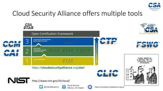 @CSAUKResearch
Cloud Security
Alliance, UK chapter https://cloudsecurityalliance.org.uk
Cloud Security Alliance offers multiple tools
https://cloudsecurityalliance.org/star/
http://www.nist.gov/itl/cloud/
 
