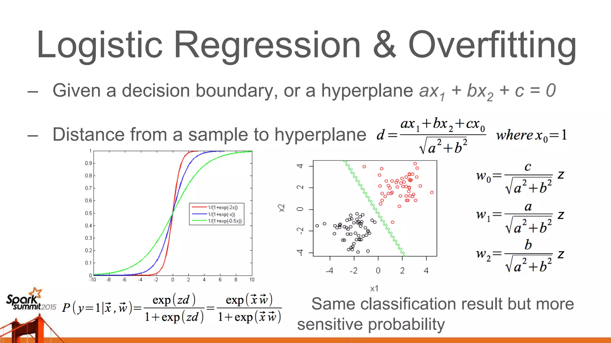 Logistic Regression & Overfitting –  Given a decision boundary, or a hyperplane ax1 + bx2 + c = 0 –  Distance from a sample to hyperplane Same classification result but more sensitive probability z z z 