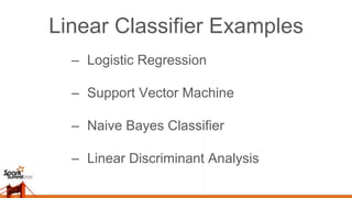 Linear Classifier Examples
–  Logistic Regression
–  Support Vector Machine
–  Naive Bayes Classifier
–  Linear Discriminant Analysis
 