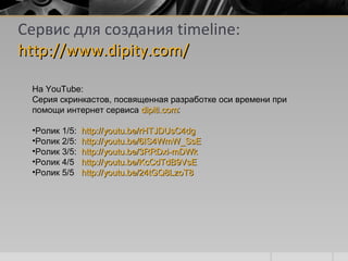 Сервис для создания timeline:
http://www.dipity.com/http://www.dipity.com/
На YouTube:
Серия скринкастов, посвященная разработке оси времени при
помощи интернет сервиса dipiti.comdipiti.com::
•Ролик 1/5: http://youtu.be/rHTJDUsC4dghttp://youtu.be/rHTJDUsC4dg
•Ролик 2/5: http://youtu.be/6IS4WmW_SsEhttp://youtu.be/6IS4WmW_SsE
•Ролик 3/5: http://youtu.be/3RRDxi-mDWkhttp://youtu.be/3RRDxi-mDWk
•Ролик 4/5 http://youtu.be/KcCdTdB9VsEhttp://youtu.be/KcCdTdB9VsE
•Ролик 5/5 http://youtu.be/24tGQ8LzoT8http://youtu.be/24tGQ8LzoT8
 
