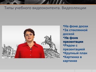 Типы учебного видеоконтента. Видеолекции
На фоне доски
За стеклянной
доской
На фонеНа фоне
презентациипрезентации
Рядом с
презентацией
Крупный план
Картинка в
картинке
 
