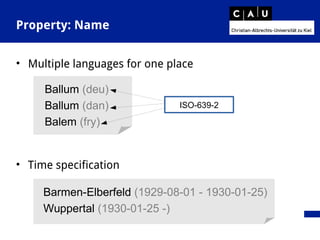 Property: Name
• Multiple languages for one place
• Time specification
ISO-639-2
Barmen-Elberfeld (1929-08-01 - 1930-01-25)
Wuppertal (1930-01-25 -)
Ballum (deu)
Ballum (dan)
Balem (fry)
 