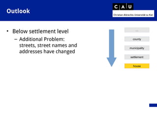 Outlook
• Below settlement level
– Additional Problem:
streets, street names and
addresses have changed
county
municipality
settlement
house
…
 
