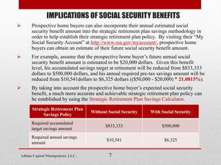 Prospective home buyers can also incorporate their annual estimated social
security benefit amount into the strategic retirement plan savings methodology in
order to help establish their strategic retirement plan policy. By visiting their “My
Social Security Account” at http://www.ssa.gov/myaccount/, prospective home
buyers can obtain an estimate of their future social security benefit amount.
 For example, assume that the prospective home buyer’s future annual social
security benefit amount is estimated to be $20,000 dollars. Given this benefit
level, his accumulated savings target at retirement will be reduced from $833,333
dollars to $500,000 dollars, and his annual required pre-tax savings amount will be
reduced from $10,541dollars to $6,325 dollars (($50,000 - $20,000) * 21.0815%).
 By taking into account the prospective home buyer’s expected social security
benefit, a much more accurate and achievable strategic retirement plan policy can
be established by using the Strategic Retirement Plan Savings Calculator.
IMPLICATIONS OF SOCIAL SECURITY BENEFITS
7
Strategic Retirement Plan
Savings Policy
Without Social Security With Social Security
Required accumulated
target savings amount
$833,333 $500,000
Required annual savings
amount
$10,541 $6,325
Adkins Capital Management, LLC.
 