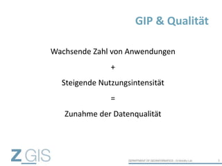 GIP & Qualität
3
Wachsende Zahl von Anwendungen
+
Steigende Nutzungsintensität
=
Zunahme der Datenqualität
 