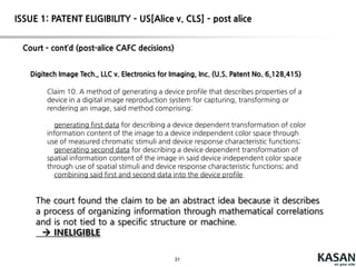 31
ISSUE 1: PATENT ELIGIBILITY – US[Alice v. CLS] – post alice
http://patentlyo.com/patent/2014/12/patent-business-method-patents.html
 