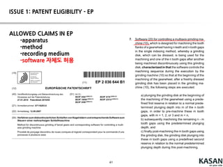 41
“the claimed solution is necessarily rooted in computer technology in order to
overcome a problemspecifically arising in the realm of computer networks.” ,
whereas the patents from earlier cited decisions claimed nothingmore than the
performanceof abstract business practices on the Internet or using a generic
computer.
The claim includes additionalelements including “1) stor[ing] `visually perceptible
elements' correspondingto numerous host Web sites in a database, with each of
the host Web sites displaying at least one link associated with a product or
service of a third-party merchant, 2) on activation of this link by a Web site visitor,
automatically identif[ying] the host, and 3) instruct[ing] an Internet web server
of an `outsourceprovider' to construct and serve to the visitor a new, hybrid
Web page that merges content associated with the products of the third-party
merchant with the stored `visually perceptibleelements' from the identified host
Web site.”
DDR patent claims “specify how interactions with the Internet are manipulated to
yield a desired result” and “recite an inventionthat is not merely the routineor
conventional useof the Internet.”
DDR Holdings, LLC v. Hotels.com, L.P. (U.S. Patent No. 7,818,399)
ISSUE 1: PATENT ELIGIBILITY – US[Alice v. CLS] – post alice
 