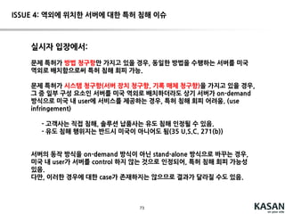 73
ISSUE 4: 역외에 위치한 서버에 대한 특허 침해 이슈
(a) whoever without authoritymakes, uses,offersto sell, or sells any patented
invention,withintheUnitedStates, or importsintotheUnited States any
patentedinventionduringthetermof the patent therefore,infringesthepatent
<직접 침해; in U.S.>
(b) Whoeveractively inducesinfringementof a patent shallbeliableas an
infringer.
<유도 침해; 유도 침해 행위는 반드시 미국 내에서 일어나지는않아도됨1
>
(c) Whoever offers to sell or sells withintheUnitedStates or imports intothe
UnitedStates a componentof a patentedmachine, manufacture, combination
or composition,or a material or apparatus for usein practicinga patented
process, constituting amaterial part of theinvention, knowingthesameto be
especiallymadeor especiallyadaptedfor usein an infringementof such patent,
and not a staplearticleor commodity of commercesuitablefor substantial
noninfringinguse, shallbeliableas a contributoryinfringer.
<기여 침해; in U.S.>
1. DSU Medical Corp. v. JMS Co., 471 F.3d 1293, 1304 (Fed. Cir. 2006)
Section271
of Title 35
 