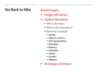 10|
Go Back to Nike Brand	
  images:	
  
§  Images	
  tell	
  stories	
  
§  Implicit	
  Narratives	
  
§ 	
  Who	
  is	
  the	
  hero?	
  
§ 	
  What	
  is	
  the	
  story	
  about?	
  	
  
§ Elements	
  to	
  look	
  for:	
  
§  Identity
§  Ability to achieve
§  Self representation
§  Motivation
§  Meaning
§  Aesthetics
§  Instinct
§  Emotion
§  Affiliation
§  Archetype	
  coherence	
  
 