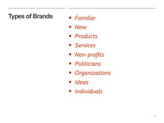 16|
Types of Brands §  Familiar	
  
§  New	
  
§  Products	
  
§  Services	
  
§  Non-­‐proﬁts	
  
§  Politicians	
  
§  Organizations	
  
§  Ideas	
  
§  Individuals	
  
 