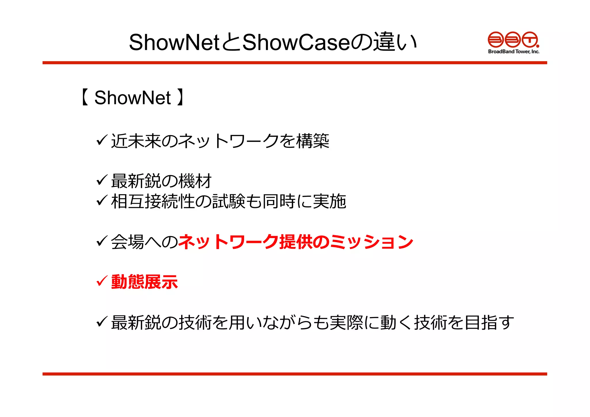 ShowNetとShowCaseの違い
【 ShowNet 】
ü 近未来のネットワークを構築
ü 最新鋭の機材
ü 相互接続性の試験も同時に実施
ü 会場へのネットワーク提供のミッション
ü 動態展⽰示
ü 最新鋭の技術を⽤用いながらも実際に動く技術を⽬目指す
 