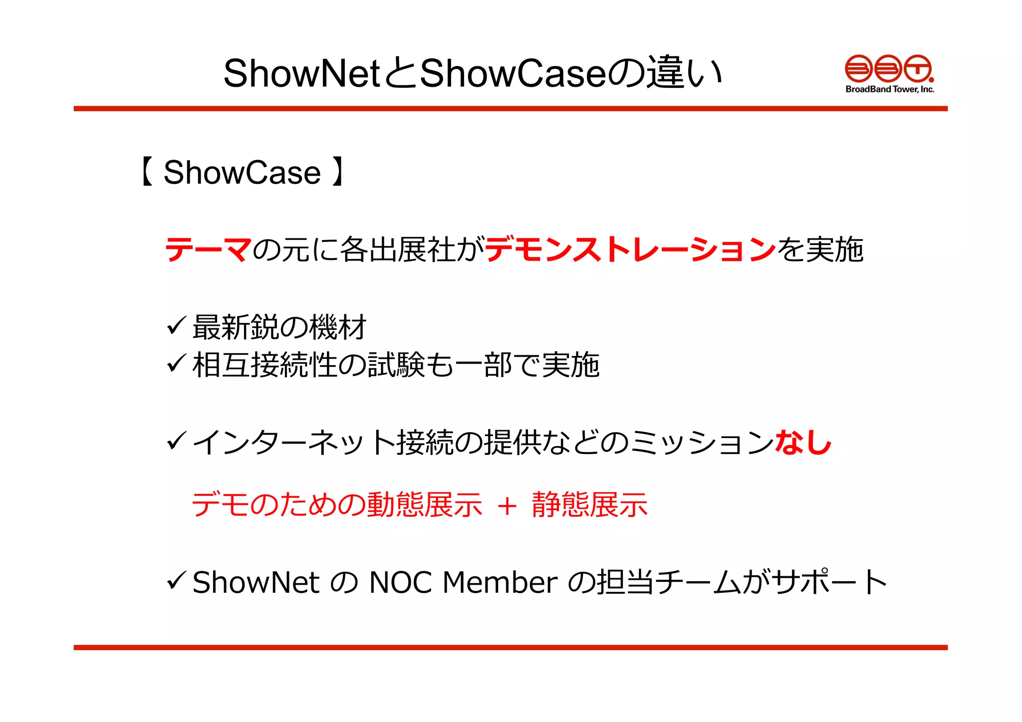 ShowNetとShowCaseの違い
【 ShowCase 】
テーマの元に各出展社がデモンストレーションを実施
ü 最新鋭の機材
ü 相互接続性の試験も⼀一部で実施
ü インターネット接続の提供などのミッションなし
デモのための動態展⽰示  ＋  静態展⽰示
ü ShowNet  の  NOC  Member  の担当チームがサポート
 