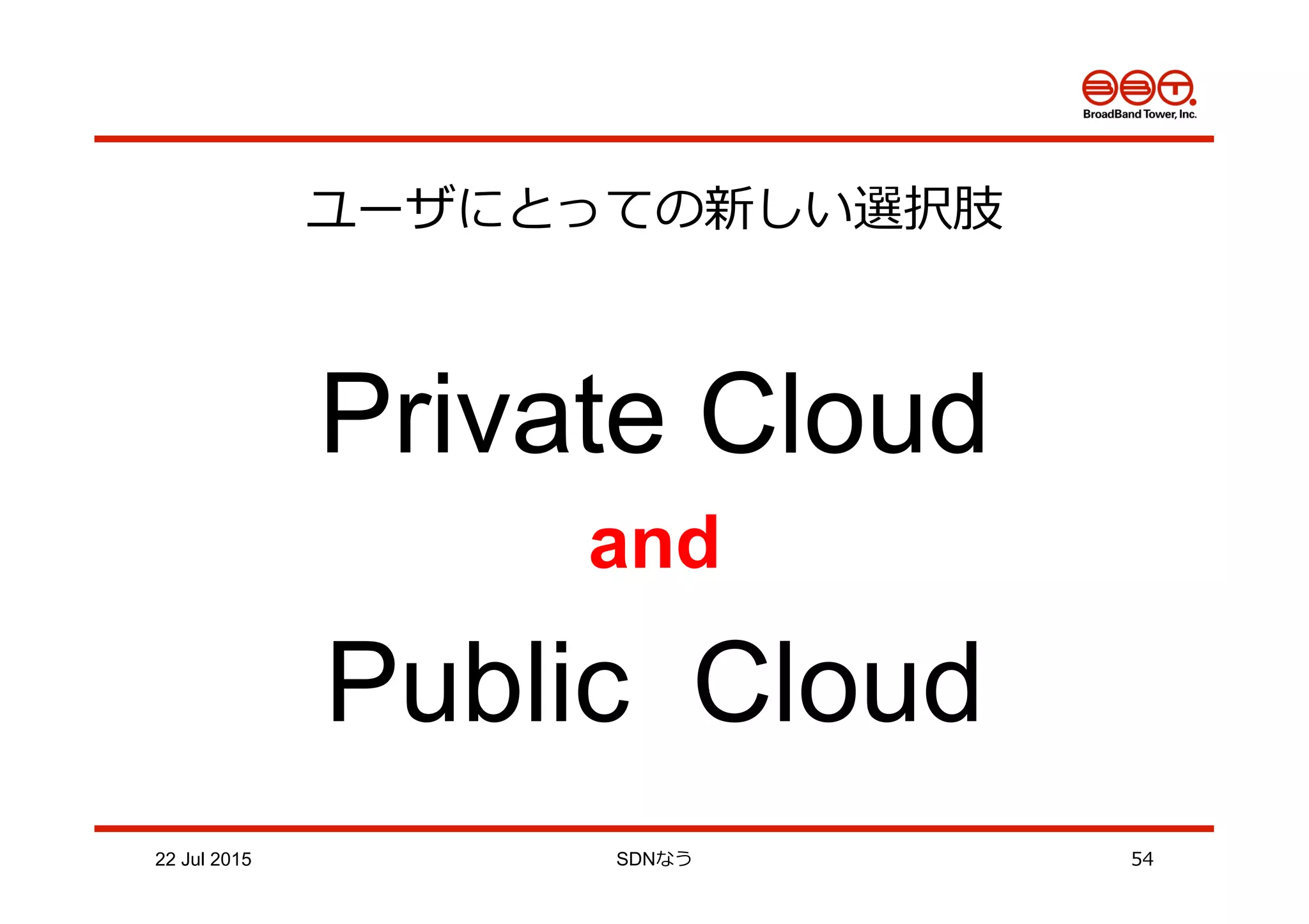 22 Jul 2015 SDNなう 54
ユーザにとっての新しい選択肢
Private Cloud
and
Public Cloud
 