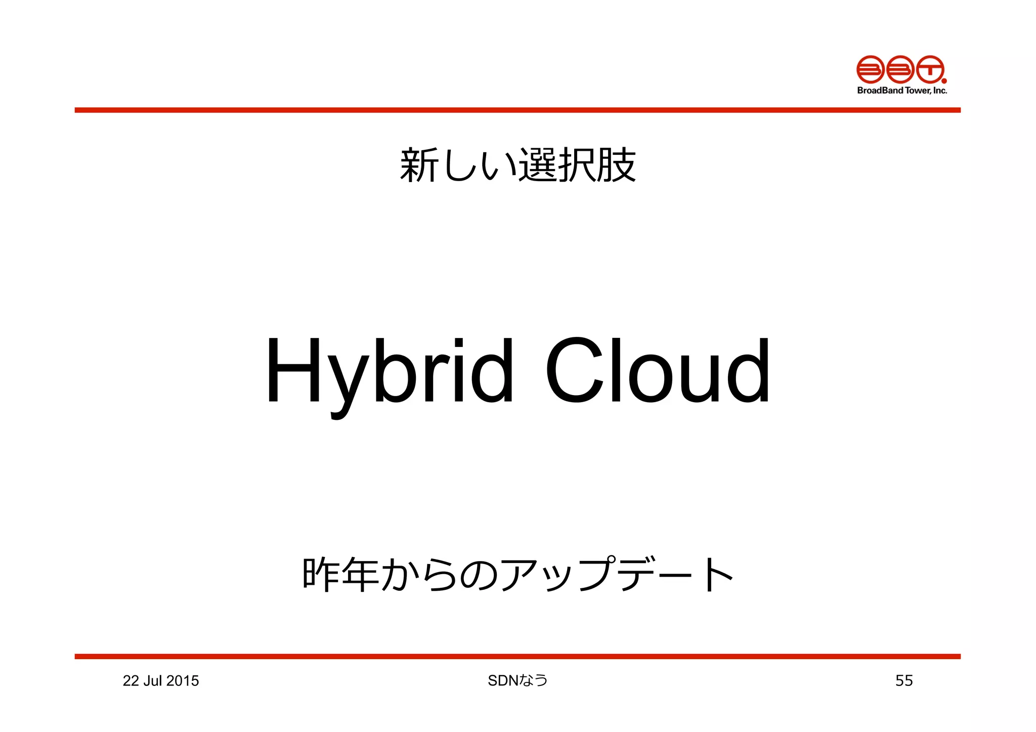 22 Jul 2015 SDNなう 55
新しい選択肢
Hybrid Cloud
昨年年からのアップデート
 