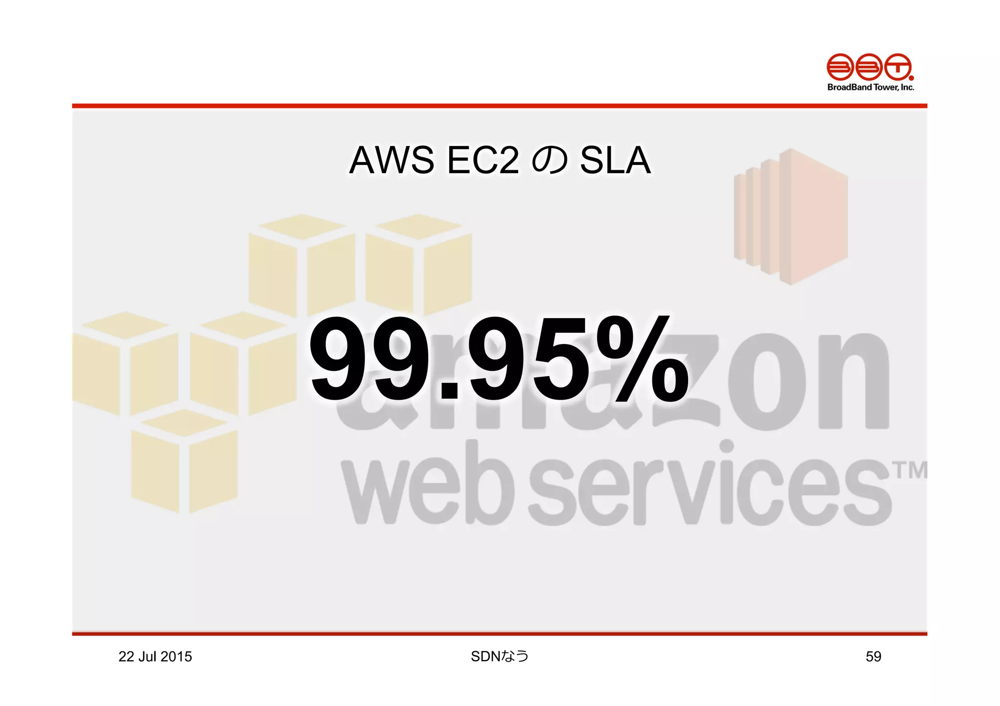 22 Jul 2015 SDNなう 59
AWS EC2 の SLA
99.95%
 