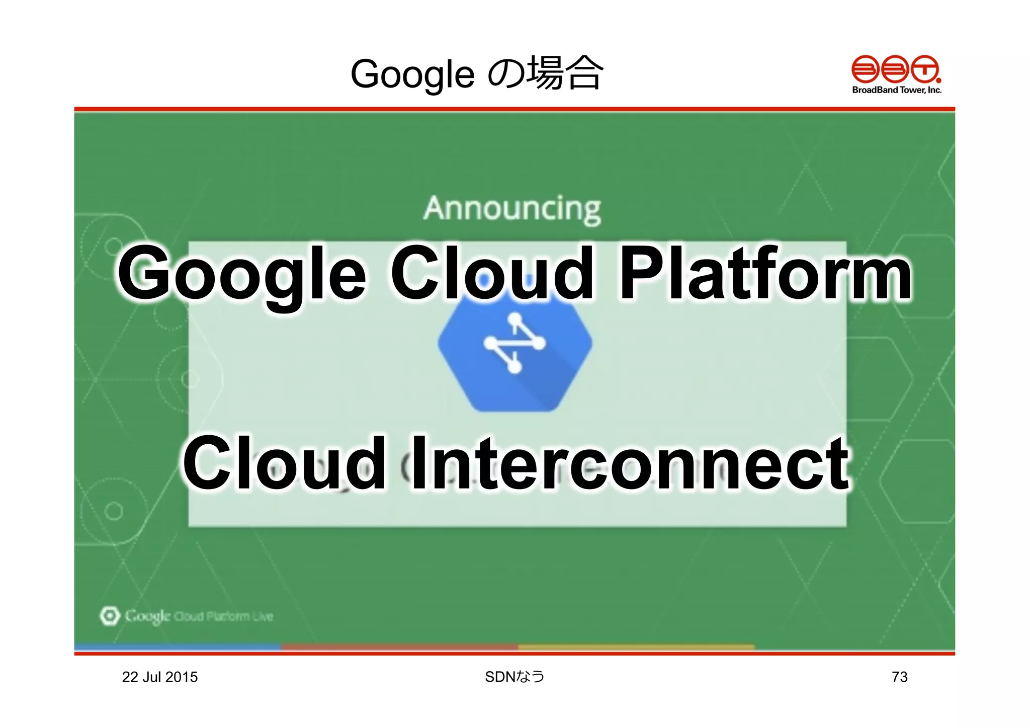 Google の場合
22 Jul 2015 SDNなう 73
Google Cloud Platform
Cloud Interconnect
 