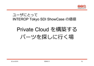 22 Jul 2015 SDNなう 51
ユーザにとって
INTEROP Tokyo SDI ShowCase の価値
Private Cloud を構築する
パーツを探しに⾏行行く場
 