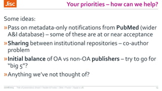 Your priorities – how can we help?
Some ideas:
»Pass on metadata-only notifications from PubMed (wider
A&I database) – som...