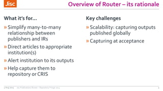 Overview of Router – its rationale
»Simplify many-to-many
relationship between
publishers and IRs
»Direct articles to appr...