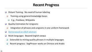 56
Recent Progress
 Distant Training: No need of human labeling
 Training using general knowledge bases
 E.g., Freebase, Wikipedia
 Quality Estimation for Unigrams
 Integration of phrases and unigrams in one uniform framework
 Demo based on DBLP abstract
 Multi-languages: Beyond English corpus
 Extensible to mining quality phrases in multiple languages
 Recent progress: SegPhrase+ works on Chinese and Arabic
 