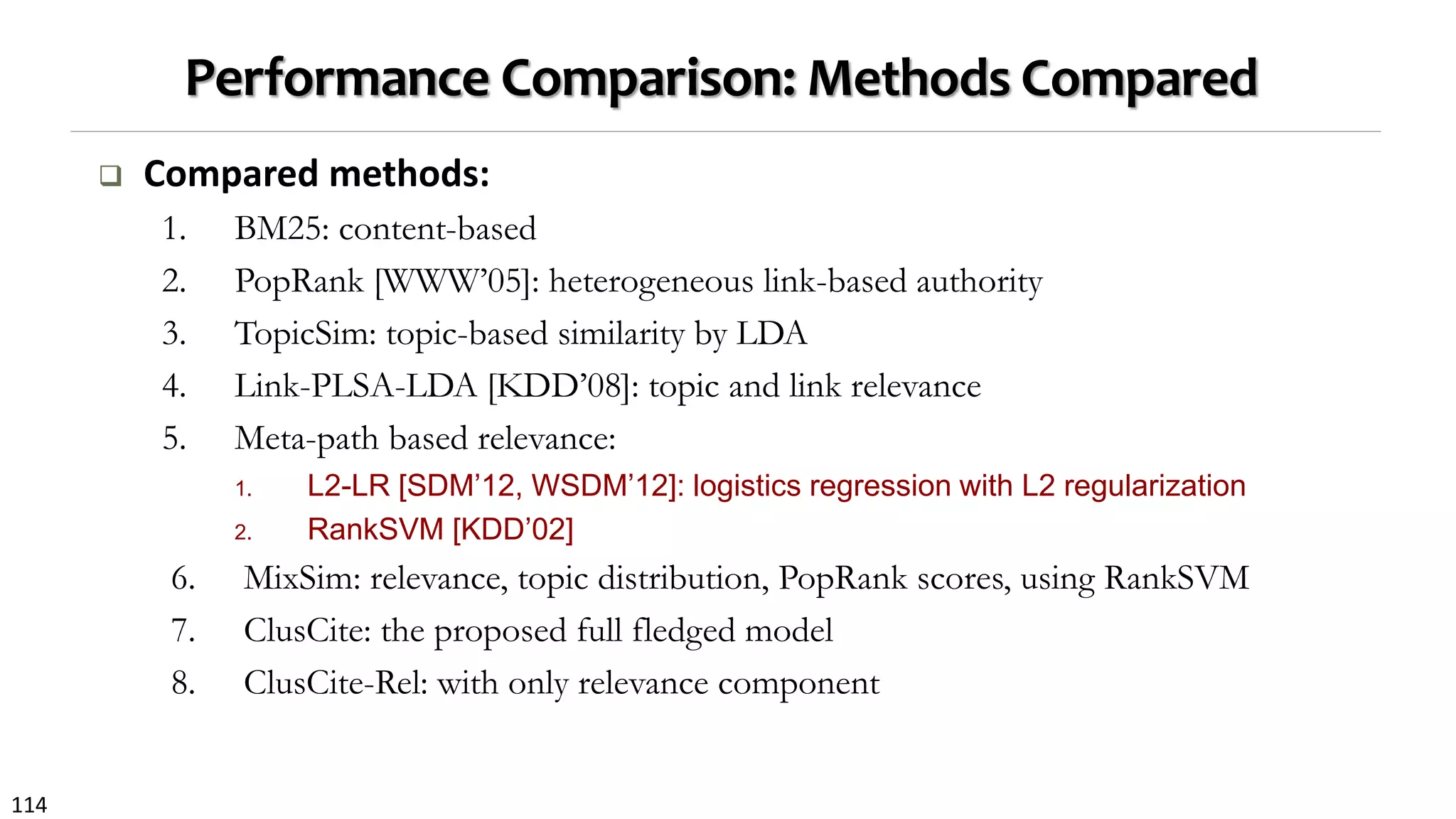 114
Performance Comparison: Methods Compared
 Compared methods:
1. BM25: content-based
2. PopRank [WWW’05]: heterogeneous link-based authority
3. TopicSim: topic-based similarity by LDA
4. Link-PLSA-LDA [KDD’08]: topic and link relevance
5. Meta-path based relevance:
1. L2-LR [SDM’12, WSDM’12]: logistics regression with L2 regularization
2. RankSVM [KDD’02]
6. MixSim: relevance, topic distribution, PopRank scores, using RankSVM
7. ClusCite: the proposed full fledged model
8. ClusCite-Rel: with only relevance component
 