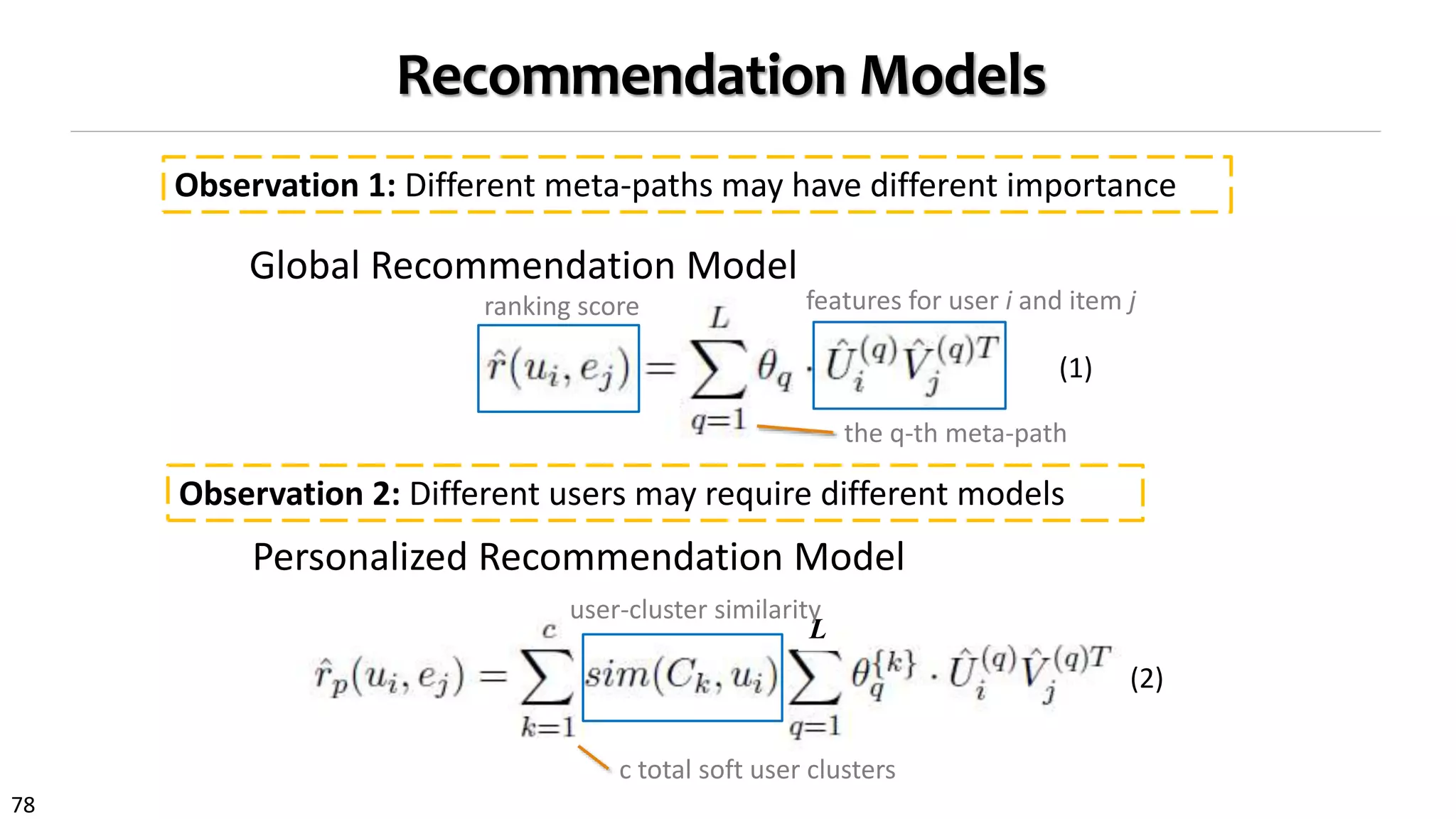 78
L
user-cluster similarity
Recommendation Models
Observation 1: Different meta-paths may have different importance
Global Recommendation Model
Personalized Recommendation Model
Observation 2: Different users may require different models
ranking score
the q-th meta-path
features for user i and item j
c total soft user clusters
(1)
(2)
 