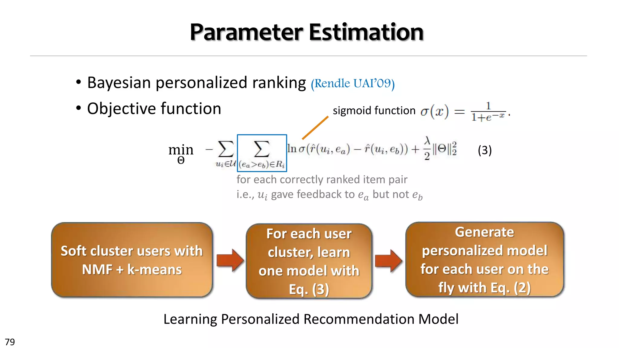 79
Parameter Estimation
• Bayesian personalized ranking (Rendle UAI’09)
• Objective function
min
Θ
sigmoid function
for each correctly ranked item pair
i.e., 𝑢𝑖 gave feedback to 𝑒 𝑎 but not 𝑒 𝑏
Soft cluster users with
NMF + k-means
For each user
cluster, learn
one model with
Eq. (3)
Generate
personalized model
for each user on the
fly with Eq. (2)
(3)
Learning Personalized Recommendation Model
 