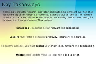 According to industry research, innovation and leadership represent over half of all
requested topics for corporate meetings. Expand’s plot as well as Tim Sanders’
customized narration delivers key takeaways that meeting planners are looking for
in content for their conference. They include:
Innovation is required to stay relevant and successful.
Leaders must foster a culture of creativity, teamwork and purpose.
To become a leader, you must expand your knowledge, network and compassion.
Mentors help leaders make the leap from good to great.
 