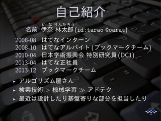 自己紹介
名前  
い な
伊奈   
りんたろう
林太郎  (id:tarao @oarat)
2008-08 はてなインターン
2008-10 はてなアルバイト (ブックマークチーム)
2010-04 日本学術振興会 特別研究員 (DC1)
2013-04 はてな正社員
2013-12 ブックマークチーム
◮ アルゴリズム屋さん
◮ 検索技術 > 機械学習 ≫ アドテク
◮ 最近は設計したり基盤寄りな部分を担当したり
 