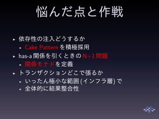 悩んだ点と作戦
◮ 依存性の注入どうするか
◮ Cake Pattern を積極採用
◮ has-a 関係を引くときの N+1 問題
◮ 関係モナドを定義
◮ トランザクションどこで張るか
◮ いったん極小な範囲 (インフラ層) で
◮ 全体的に結果整合性
 
