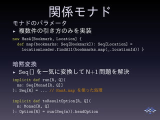 関係モナド
モナドのパラメータ
◮ 複数件の引き方のみを実装
new HasA[Bookmark, Location] {
def map(bookmarks: Seq[Bookmark]): Seq[Location] =
locationLoader.findAll(bookmarks.map(_.locationId)) }
暗黙変換
◮ Seq[] を一気に変換して N+1 問題を解決
implicit def run[R, Q](
ms: Seq[Monad[R, Q]]
): Seq[R] = ... // HasA.map を使った処理
implicit def toResultOption[R, Q](
m: Monad[R, Q]
): Option[R] = run(Seq(m)).headOption
 