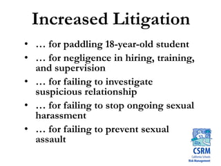 Increased Litigation
• … for paddling 18-year-old student
• … for negligence in hiring, training,
and supervision
• … for failing to investigate
suspicious relationship
• … for failing to stop ongoing sexual
harassment
• … for failing to prevent sexual
assault
 
