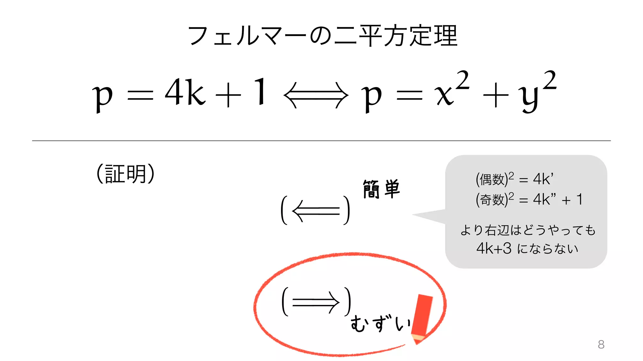 フェルマーの二平方定理
簡単
むずい
 (偶数)2 = 4k’
 (奇数)2 = 4k’’ + 1

より右辺はどうやっても
  4k+3 にならない
p = 4k + 1 () p = x2
+ y2
((=)
(=))
（証明）
8
 