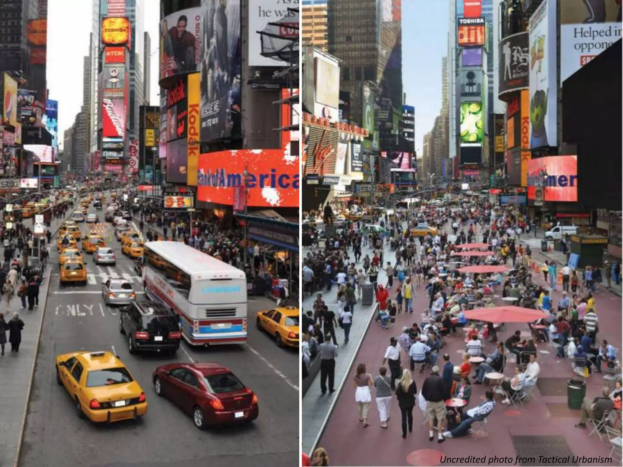 Uncredited photo from Tactical Urbanism
In 2009, Times
Square was
transformed almost
overnight with cheap
lawn chairs
 