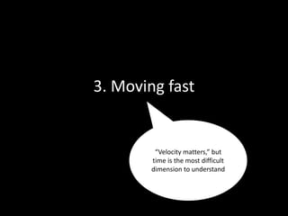 3. Moving fast
“Velocity matters,” but
time is the most difficult
dimension to understand
 