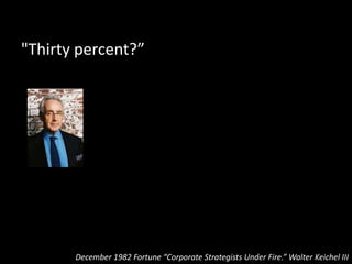 "Um, no."
December 1982 Fortune “Corporate Strategists Under Fire.” Walter Keichel III
 