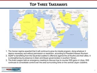 TOP THREE TAKEAWAYS
2
1
3
1. The Iranian regime asserted that it will continue to grow its missile program, doing whatever it
deems necessary and without permission or resolution, according to President Hassan Rouhani.
2. AQAP is benefitting from the Saudi-led coalition’s offensive against the al Houthis and their allies. It
is strengthening its presence in Aden and Abyan governorates in southern Yemen.
3. The Arab League held an emergency meeting to discuss how to counter ISIS gains in Libya. ISIS
continues to consolidate control over the area surrounding Sirte on the central Libyan coastline.
2
 